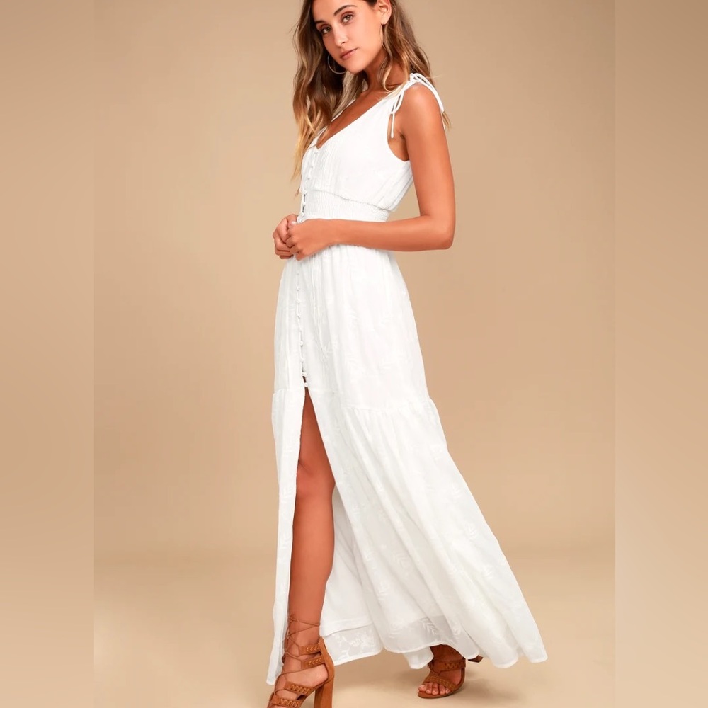 Lulus Time Well Spent White Embroidered Maxi Button Elastic Waist Dress